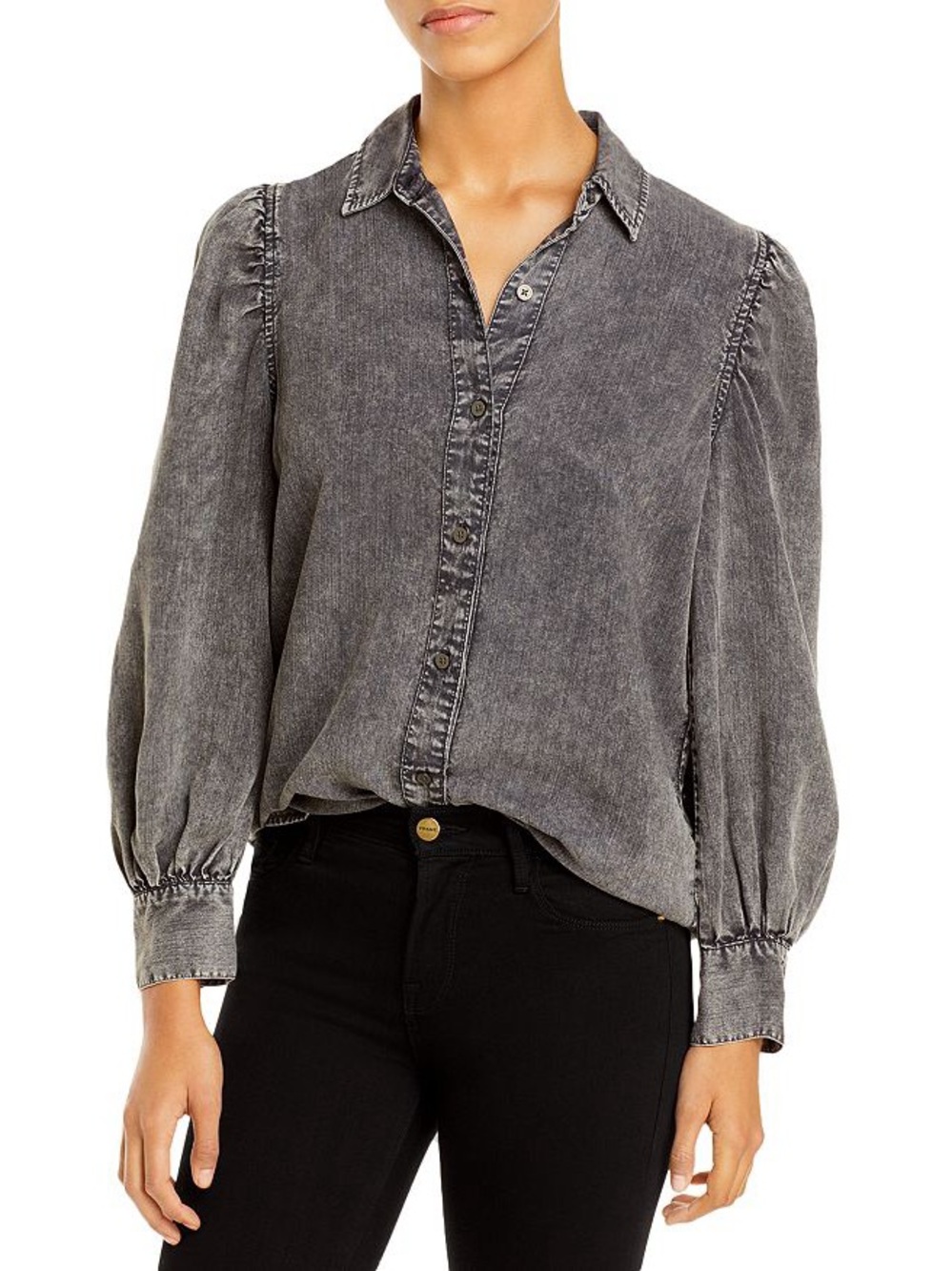 Rails Angelica Linen Denim Puff Sleeve Shirt Black Acid Wash Size Small